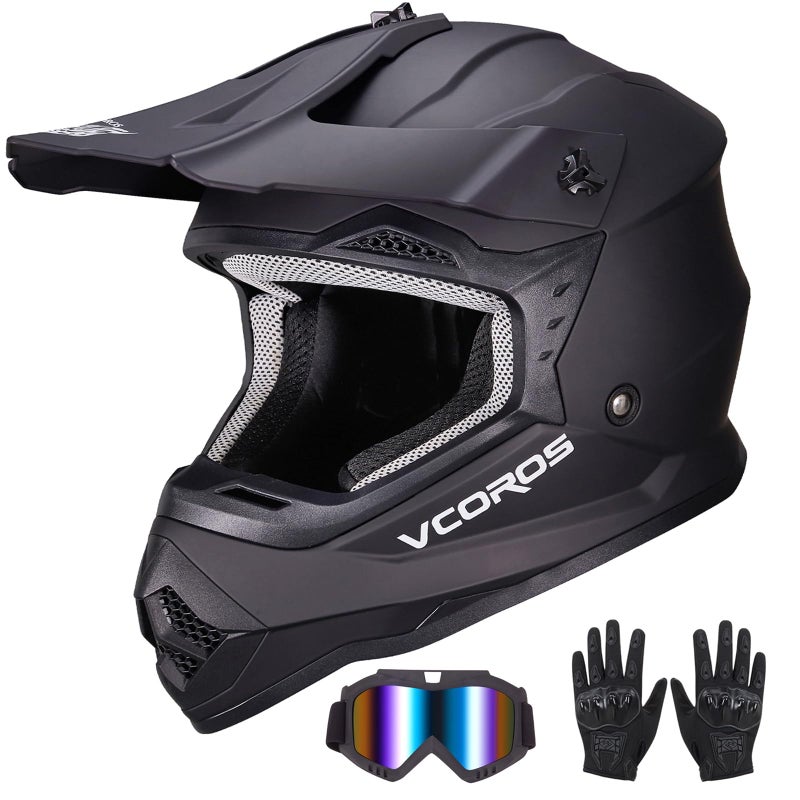VCOROS Youth Kids Dirt Bike Helmets Motocross Street Offroad BMX MX ATV Dirtbike Motorcycle Helmet VS-905 with Goggles Gloves DOT Approved(Matte Black,L) - Image 1