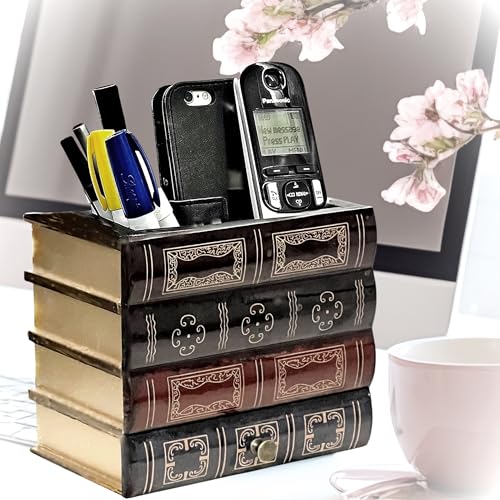 Bellaa حامل أقلام بيللا 20591 منظم مكتب مع درج تخزين سفلي تصميم عتيق وزخرفي للكتب للمكتب المنزلي والمكتبة - Image 4