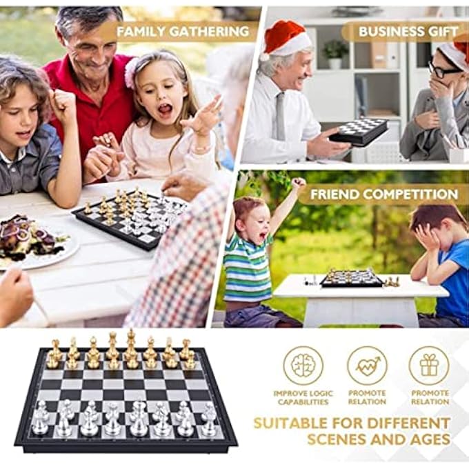 AM ANNA Magnetic Travel Chess Set, Plastic Portable Folding Chess Board Game with Gold and Silver Chess Pieces, Folding Board Travel Chess Set Game for Kids and Adults Educational Toys - Image 5