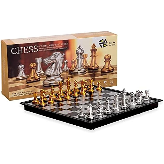 AM ANNA Magnetic Travel Chess Set, Plastic Portable Folding Chess Board Game with Gold and Silver Chess Pieces, Folding Board Travel Chess Set Game for Kids and Adults Educational Toys - Image 1