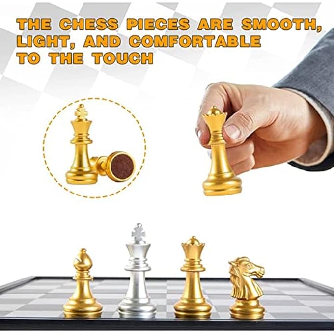 AM ANNA Magnetic Travel Chess Set, Plastic Portable Folding Chess Board Game with Gold and Silver Chess Pieces, Folding Board Travel Chess Set Game for Kids and Adults Educational Toys - Image 4