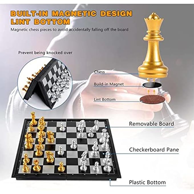 AM ANNA Magnetic Travel Chess Set, Plastic Portable Folding Chess Board Game with Gold and Silver Chess Pieces, Folding Board Travel Chess Set Game for Kids and Adults Educational Toys - Image 3