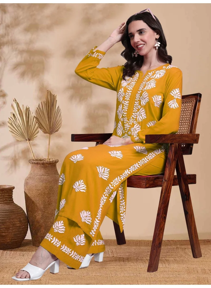 Alaya Mustardyellow Women Hand Embroidered Chikankari Rayon kurta set AL4084KS for Women | Best Price UAE