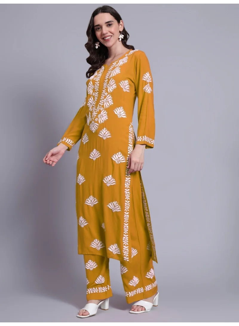 Alaya Mustardyellow Women Hand Embroidered Chikankari Rayon kurta set AL4084KS for Women | Best Price UAE