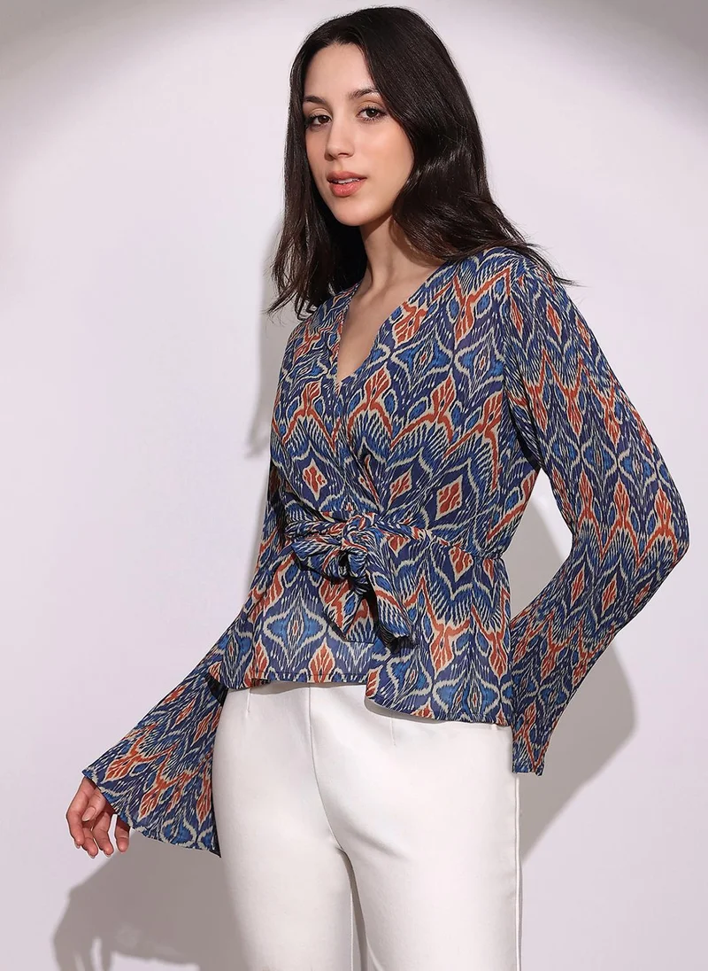 globus Globus Women Blue Georgette Ikat Print Wrap V-Neck Flared Sleeves Waist Tie-Ups Top
