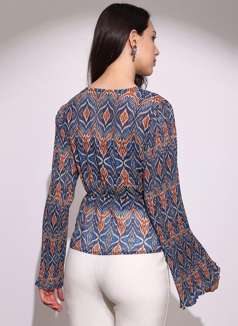 Globus Women Blue Georgette Ikat Print Wrap V-Neck Flared Sleeves Waist Tie-Ups Top - Image 4