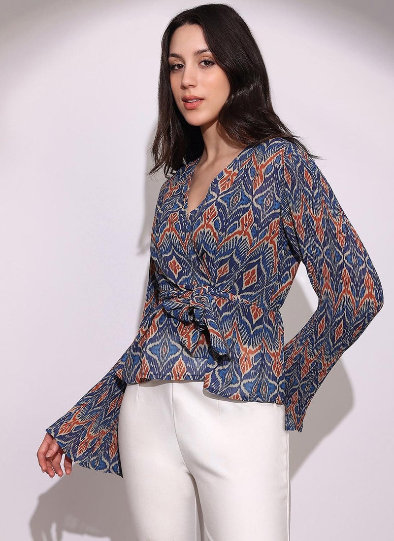 Globus Women Blue Georgette Ikat Print Wrap V-Neck Flared Sleeves Waist Tie-Ups Top - Image 1