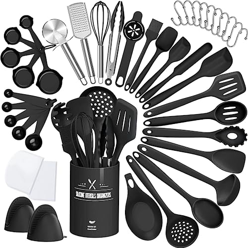AIKKIL 43 Pcs AIKKIL Kitchen Utensils Set, Heat Resistant Silicone Cooking Kitchen Utensils Set with Holder, Spoon, Spatula, Kitchen Gadgets Tools Set For Nonstick Cookware, Dishwasher(BPA Free, Black) - Image 1