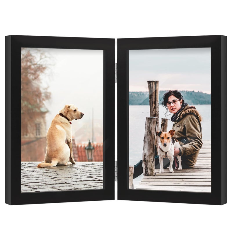 Forev 4X6 Double Picture Frame Wooden Hinged Photo Frame Definition Glass Stand Vertically On Desktop Or Tabletop Black - Image 1