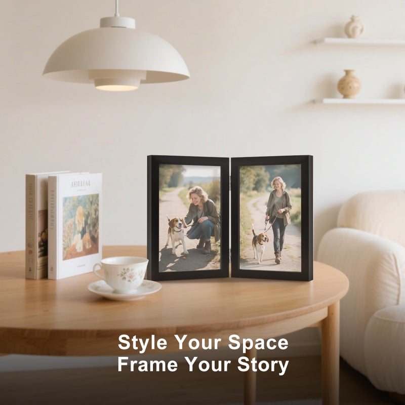 Forev 4X6 Double Picture Frame Wooden Hinged Photo Frame Definition Glass Stand Vertically On Desktop Or Tabletop Black - Image 5
