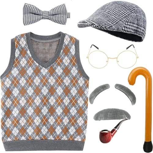 EBYTOP 100 Days Of School Old Man Costume for Kids Boys 100th Day Dress up Accessories Grandpa Hat GlassesOld Person Mustache and Eyebrows Cane Prop10 12 Years - Image 1