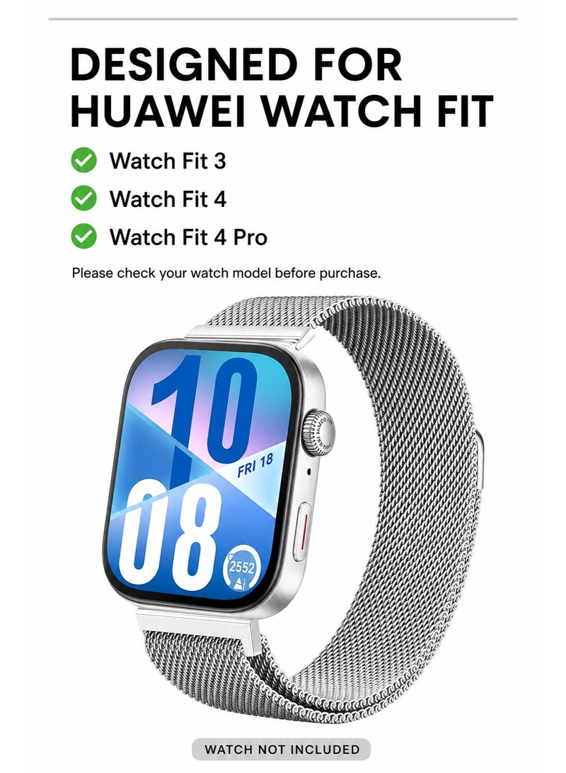 Magnetic Milanese Watch Strap Compatible with Huawei Watch Fit 3 / Fit 4 / Fit 4 Pro, Adjustable Metal Mesh Wrist Band with Strong Magnetic Clasp