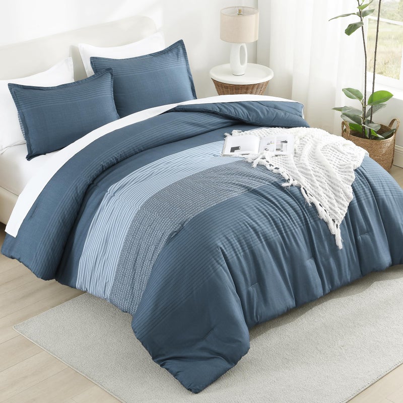 Litanika Haze Blue Comforter Set King - 3 Pieces Lightweight Haze Blue White Colorblock Stripe Fluffy Bedding Comforter Sets  All Season Bed Set - Image 3