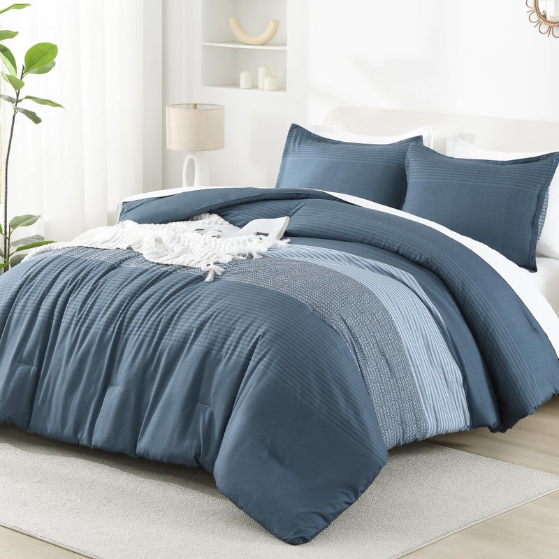Litanika Haze Blue Comforter Set King - 3 Pieces Lightweight Haze Blue White Colorblock Stripe Fluffy Bedding Comforter Sets  All Season Bed Set - Image 1