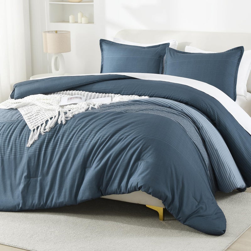 Litanika Haze Blue Comforter Set King - 3 Pieces Lightweight Haze Blue White Colorblock Stripe Fluffy Bedding Comforter Sets  All Season Bed Set - Image 5