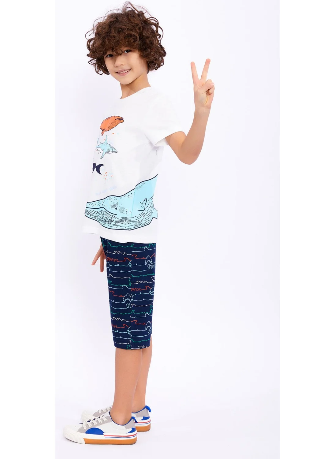 روليبولي Blue Whale Cream Boys Capri Set