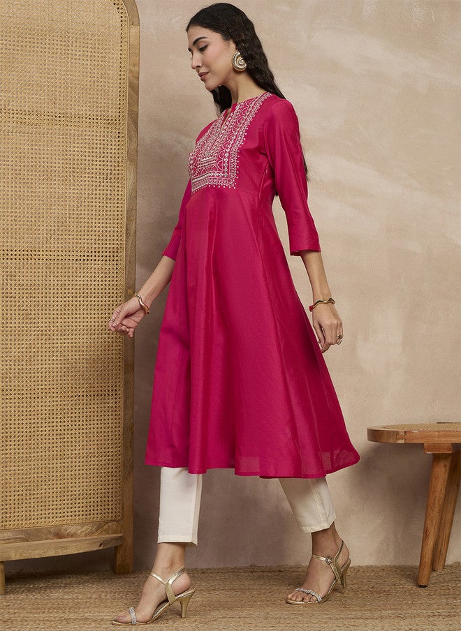 Baizee All About You Floral Yoke Design Sequinned Chanderi Silk Anarkali Kurta - Image 3