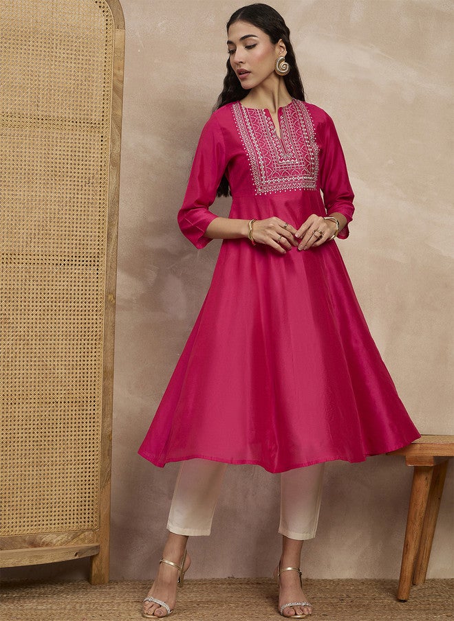 Baizee All About You Floral Yoke Design Sequinned Chanderi Silk Anarkali Kurta - Image 1