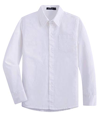 Spring&Gege Boys' Long Sleeve Woven Dress Shirt Formal School Uniform Button Down Shirt with Chest Pocket, White, 5-6 Years - Image 1