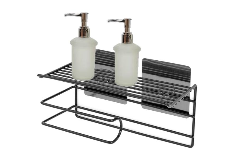 RIOMAX Powder Coated Drill Free SelfAdhesive Paper Roll Holder Tissue Paper Stand Toilet Paper Holder with Mobile Stand Rack Shelf for Bathroom Toilet Black Pack of 1 - Image 4