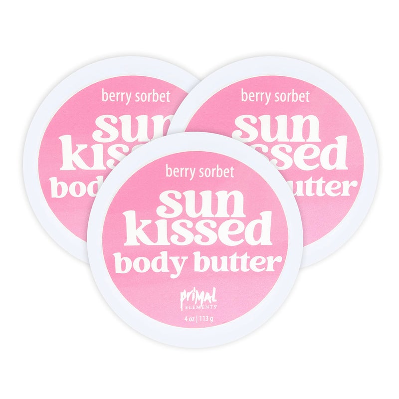 Primal Elements Sunkissed Body Butter with Coconut Oil Shimmering Moisturizer for Ultimate Hydration and Nourishment Suitable for All Skin Types Instant Glow  Berry Sorbet 3 pack 4 oz each