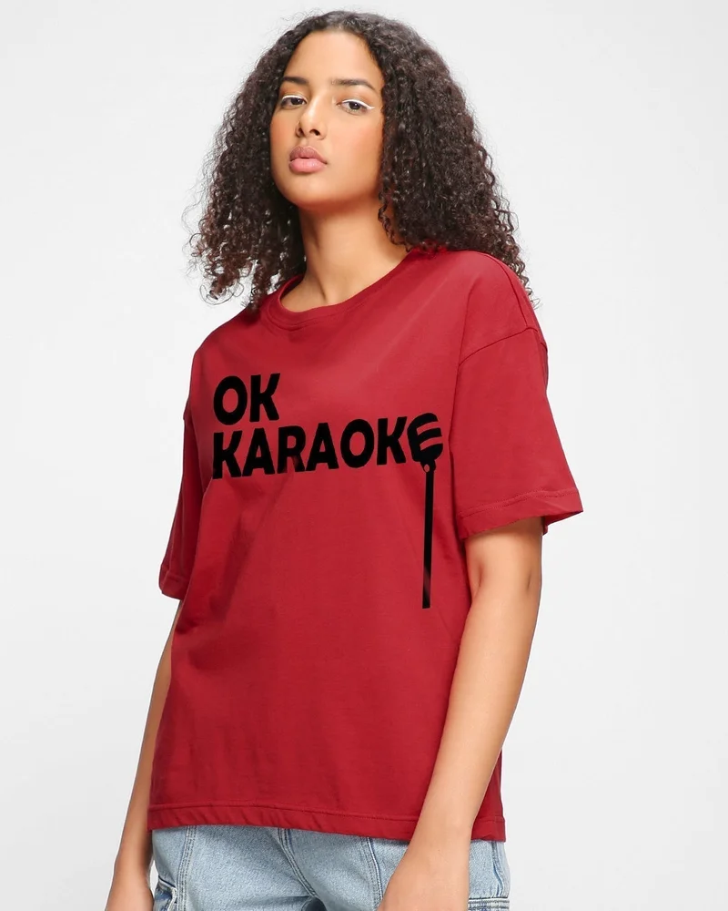 bewakoof Women's Bold Red OK Karaoke Typography Oversized T-shirt