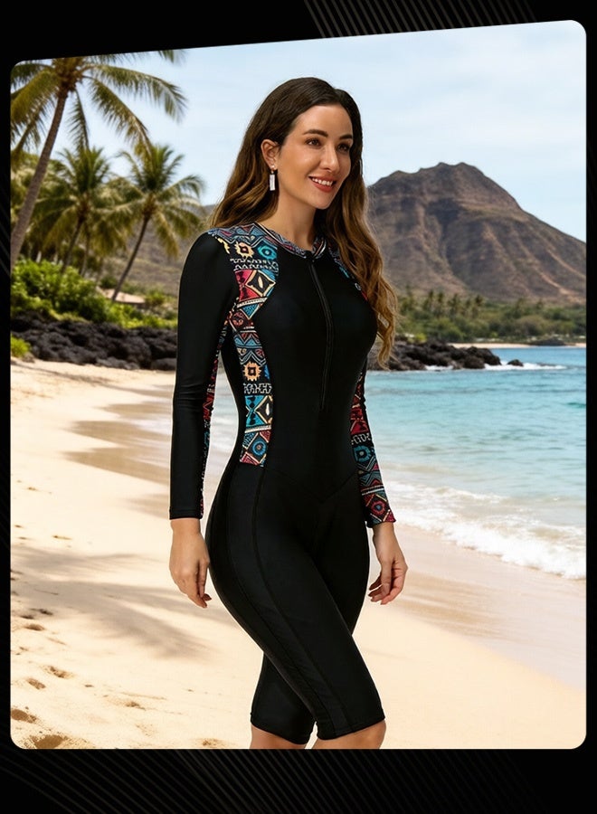 Joychic Women's Long Sleeve One Piece Rash Guard Swimsuit, Vintage Geometric Pattern Surfing Diving Suit with 5 Point Knee Length Shorts, Conservative UV Protection Beachwear, Black - Image 2