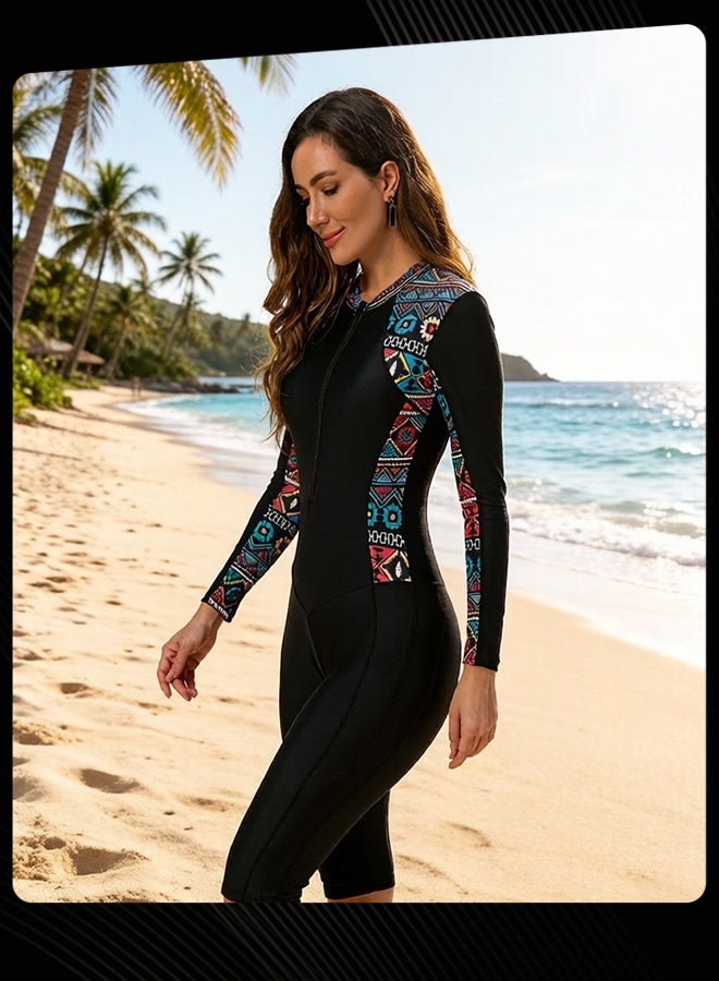 Joychic Women's Long Sleeve One Piece Rash Guard Swimsuit, Vintage Geometric Pattern Surfing Diving Suit with 5 Point Knee Length Shorts, Conservative UV Protection Beachwear, Black - Image 3