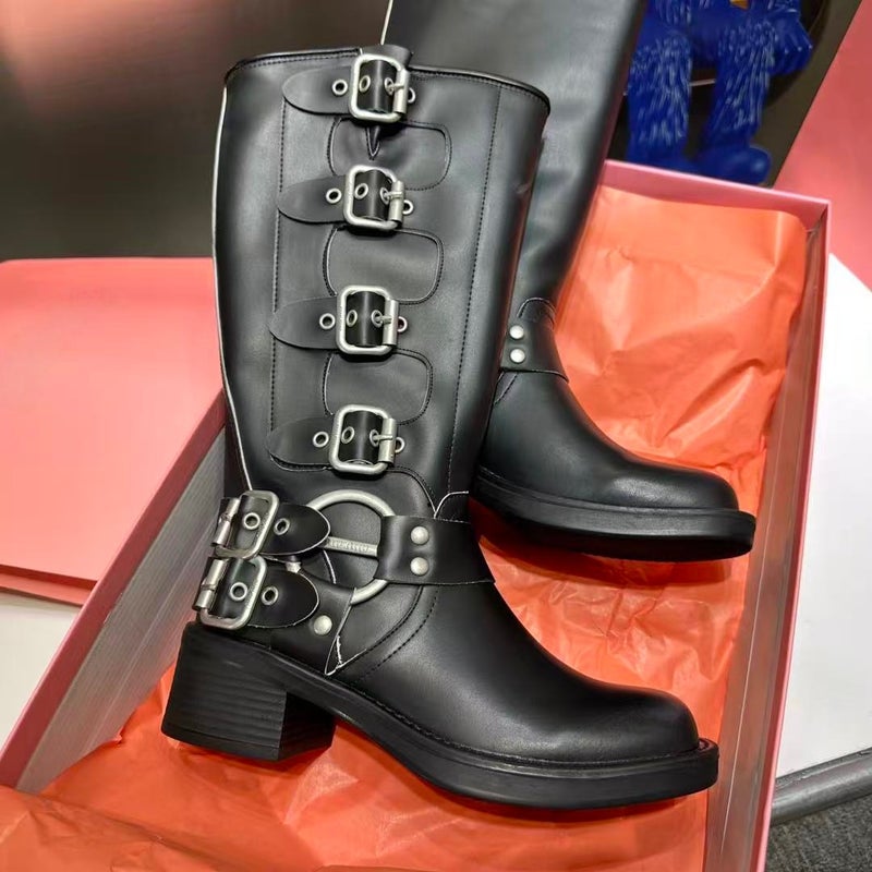 Miu Miu Yi Meng Ling Mu'S Belt Buckle Brown Boots Over The Knee Round Toe Western Cowboy Knight Boots Style - Image 1