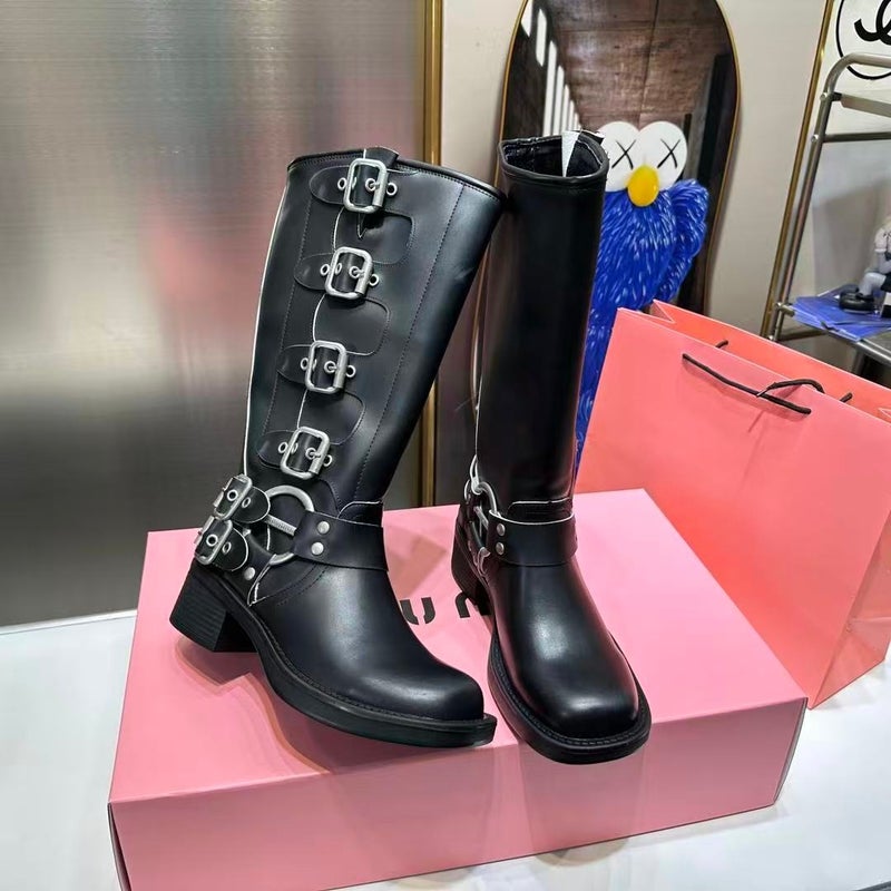 Miu Miu Yi Meng Ling Mu'S Belt Buckle Brown Boots Over The Knee Round Toe Western Cowboy Knight Boots Style - Image 3