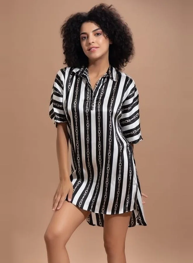 كلوفيا Clovia Sassy Stripes Short Night Dress in Black and White- Satin