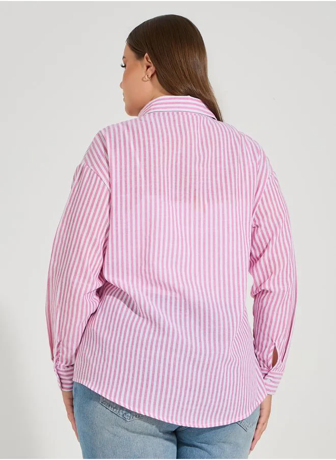 ستايلي Plus Size Striped Button Placket Oversized Shirt