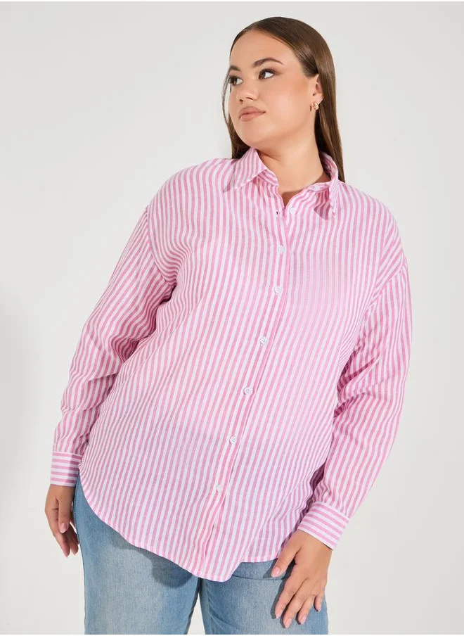 ستايلي Plus Size Striped Button Placket Oversized Shirt