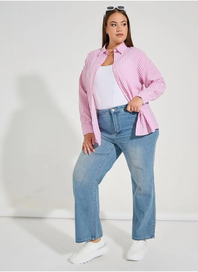 ستايلي Plus Size Striped Button Placket Oversized Shirt