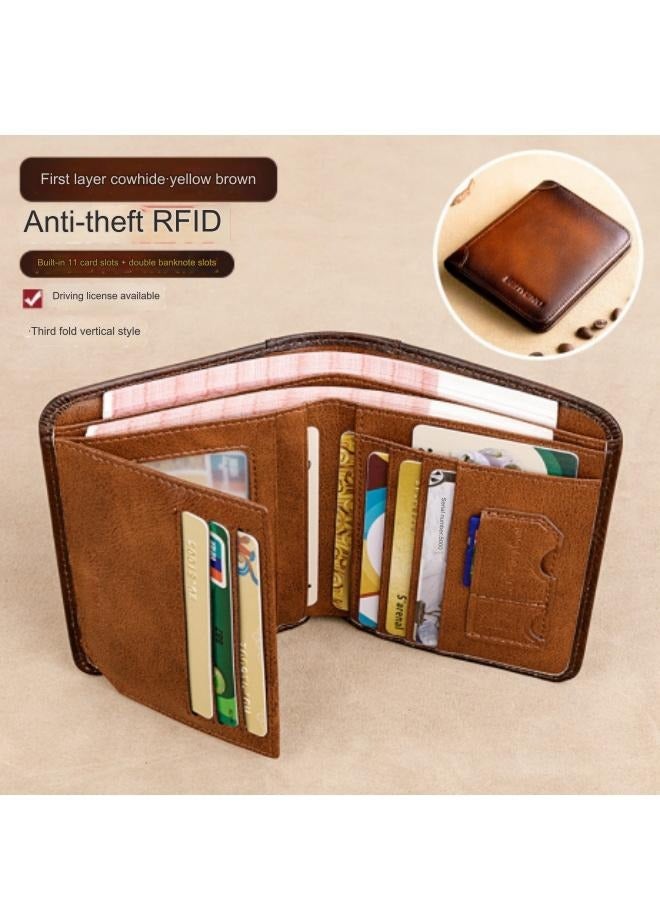 Portable Business Men's Genuine Leather Anti-theft Brush Ultra-thin Multi-card Slot Short Wallet Cash clip wallet brown  - Image 2