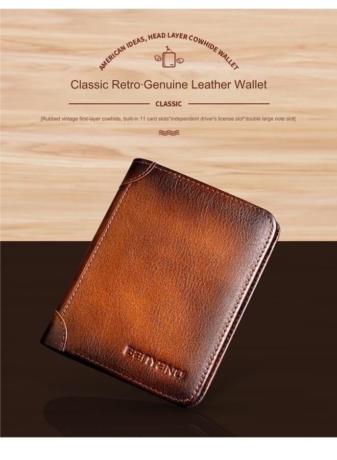 Portable Business Men's Genuine Leather Anti-theft Brush Ultra-thin Multi-card Slot Short Wallet Cash clip wallet brown  - Image 3