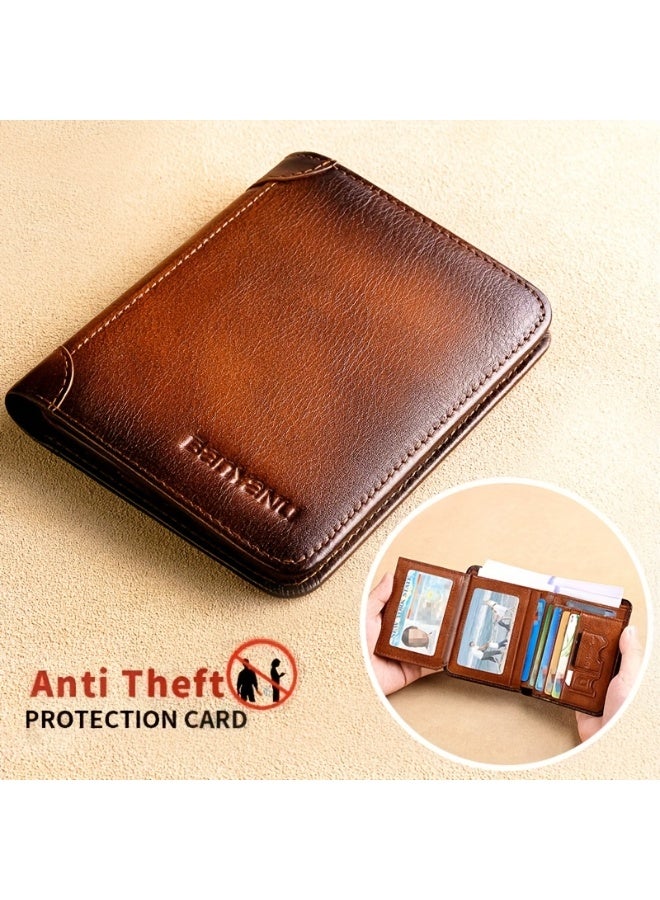 Portable Business Men's Genuine Leather Anti-theft Brush Ultra-thin Multi-card Slot Short Wallet Cash clip wallet brown - Image 5