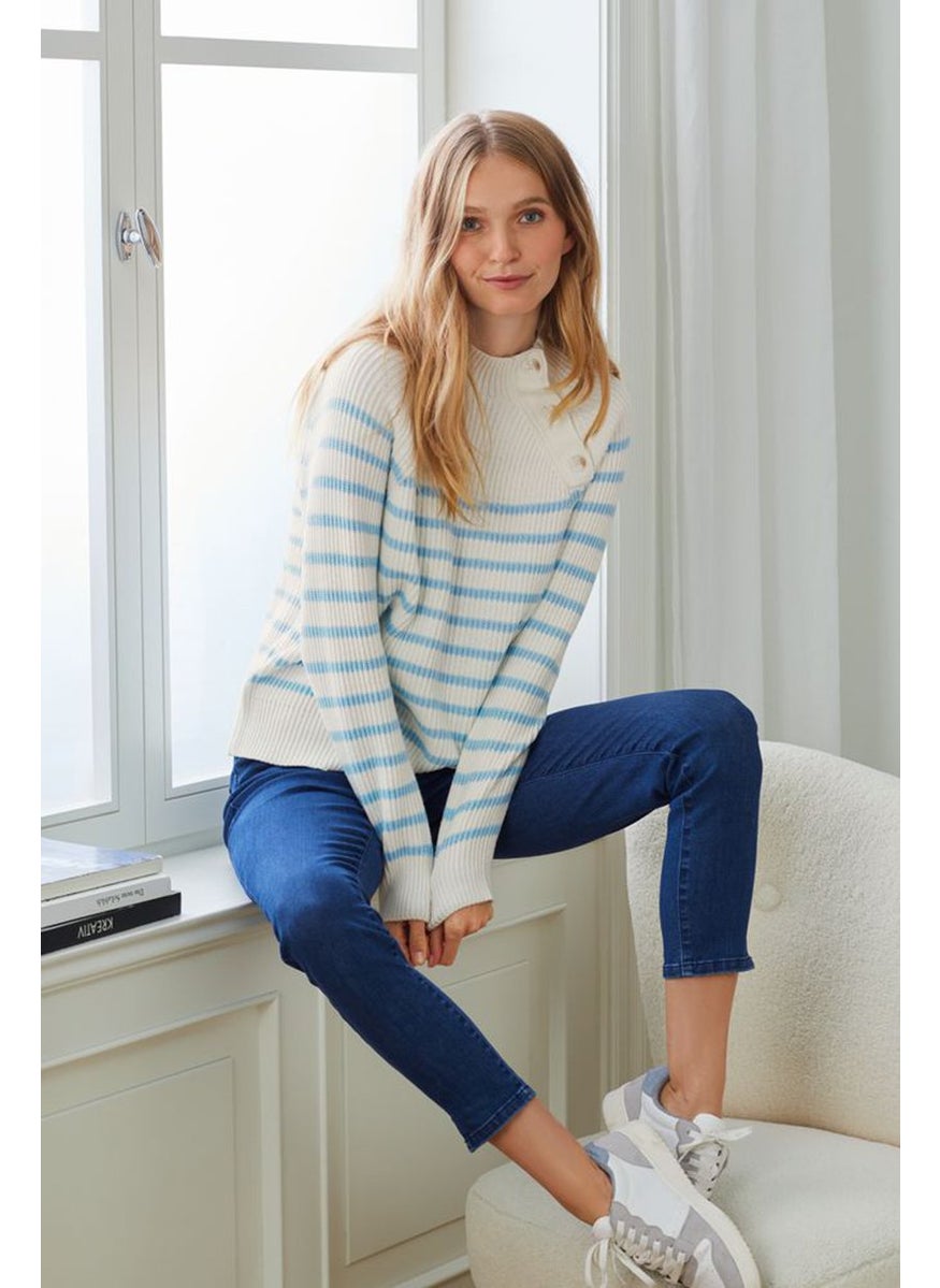 Tchibo Women Crew Neck Knitted Buttoned Sweater, White  - Image 1
