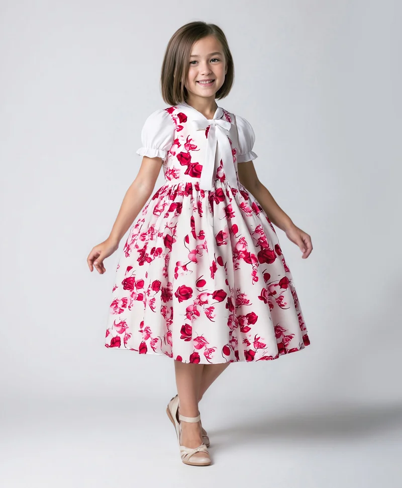 مارك وميا فستان مارك وميا بنصف كم وطبعة زهور كاملة - أحمر وأبيض