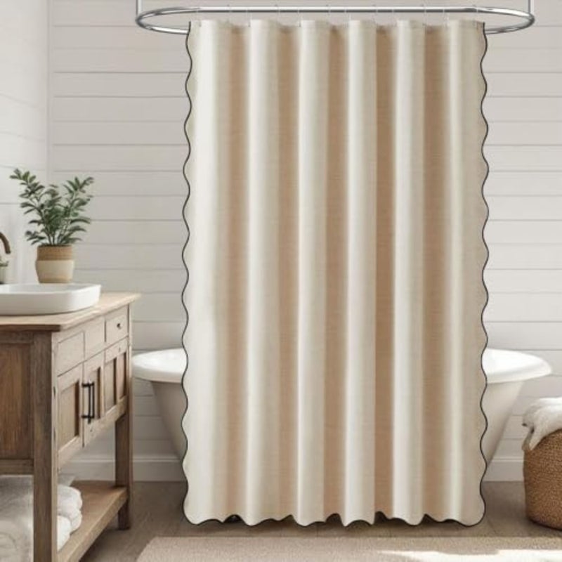 baihuoScalloped Linen Textured Shower Curtain, Extra Thick Waterproof and Moisture-Resistant Bathroom Curtain, With 12 Rustproof Metal Hooks, Boho Farmhouse Decor for Bathtub 180×180cm - Image 3