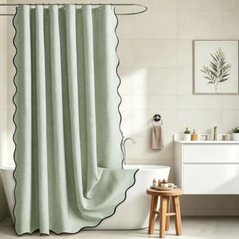 baihuoScalloped Linen Textured Shower Curtain, Extra Thick Waterproof and Moisture-Resistant Bathroom Curtain, With 12 Rustproof Metal Hooks, Boho Farmhouse Decor for Bathtub 180×180cm - Image 1