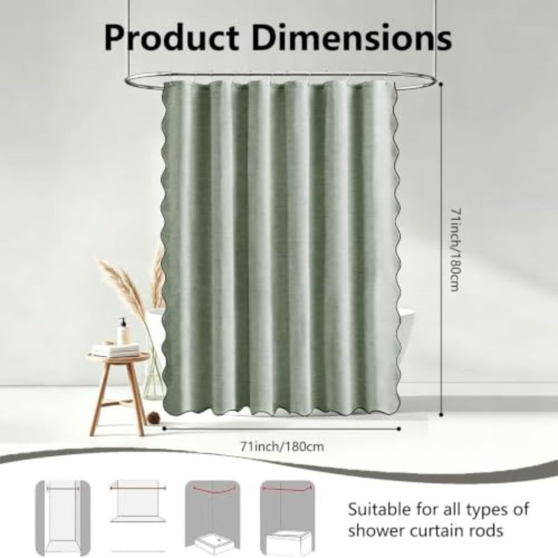 baihuoScalloped Linen Textured Shower Curtain, Extra Thick Waterproof and Moisture-Resistant Bathroom Curtain, With 12 Rustproof Metal Hooks, Boho Farmhouse Decor for Bathtub 180×180cm - Image 2