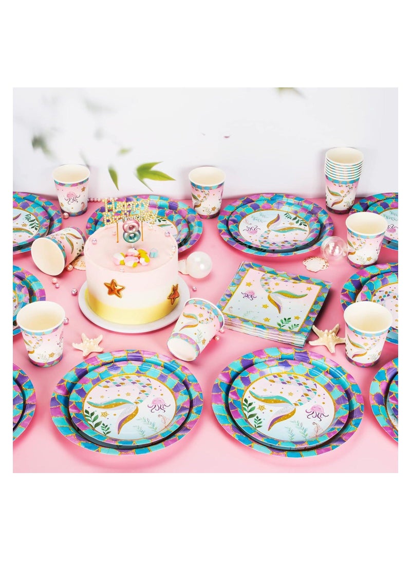 Y&D Mermaid Theme Party Supplies, Disposable Paper Plates Napkins Cups, Decor for Girls Birthday Party, Tableware Set (55PCS) - Image 5