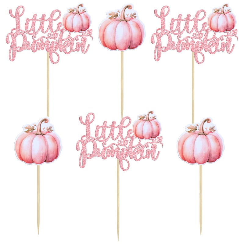 Ephlyn 24Pcs Little Pumpkin Cupcake Toppers Pink Glitter Pumpkin Birthday Baby Shower Decorations for Thanksgiving Birthday Fall Theme Party Decorations Supplies - Image 3