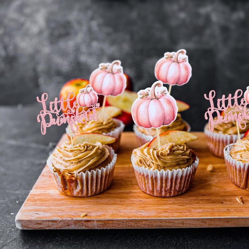 Ephlyn 24Pcs Little Pumpkin Cupcake Toppers Pink Glitter Pumpkin Birthday Baby Shower Decorations for Thanksgiving Birthday Fall Theme Party Decorations Supplies - Image 4