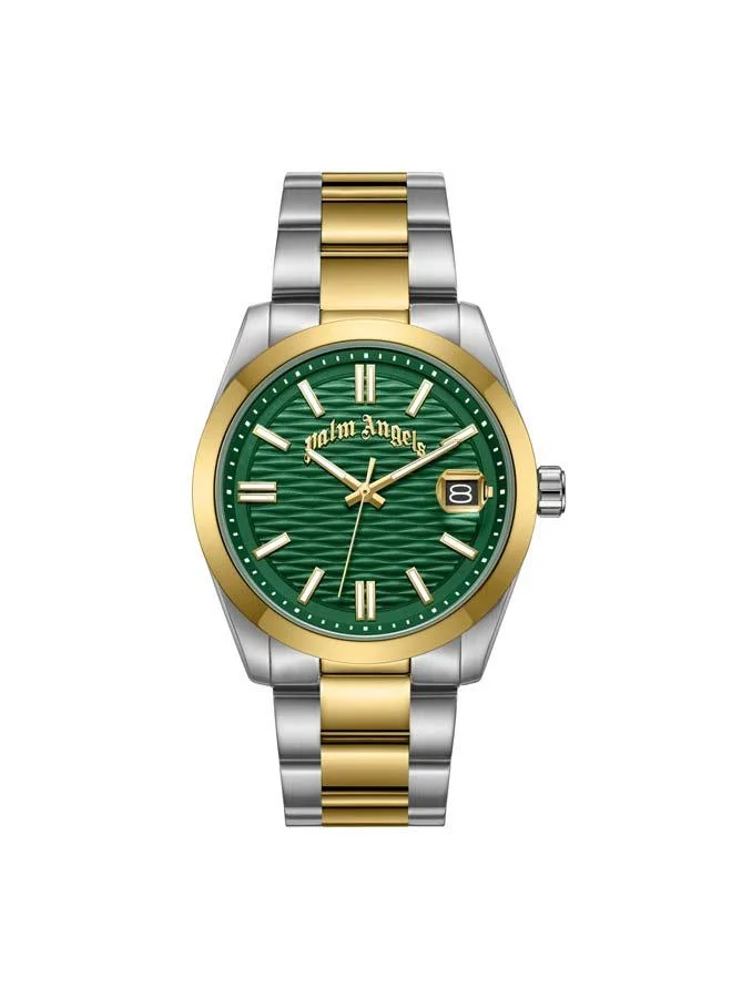 Palm Angels Serreno Green Dial Silver Gold Stainless Steel Bracelet Analog Watch for Men, 40mm