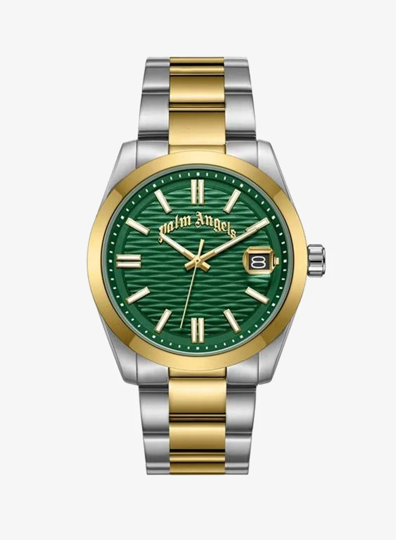 Palm Angels Serreno Green Dial Silver Gold Stainless Steel Bracelet Analog Watch for Men, 40mm