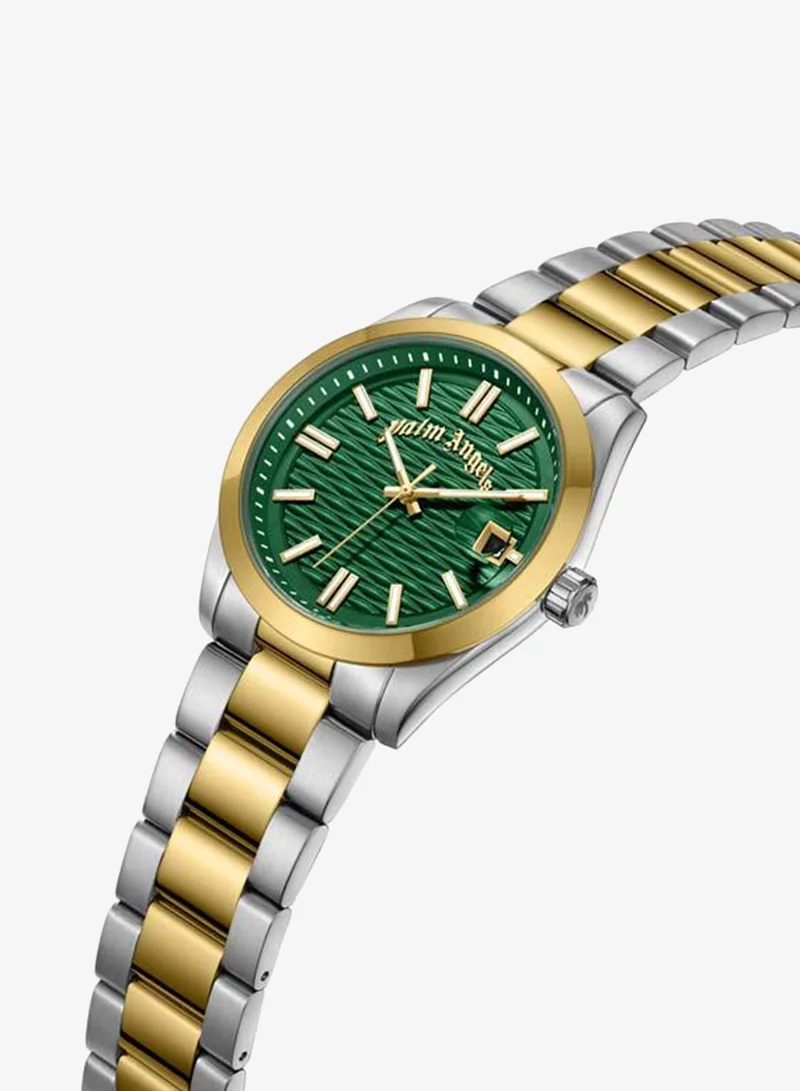 Palm Angels Serreno Green Dial Silver Gold Stainless Steel Bracelet Analog Watch for Men, 40mm