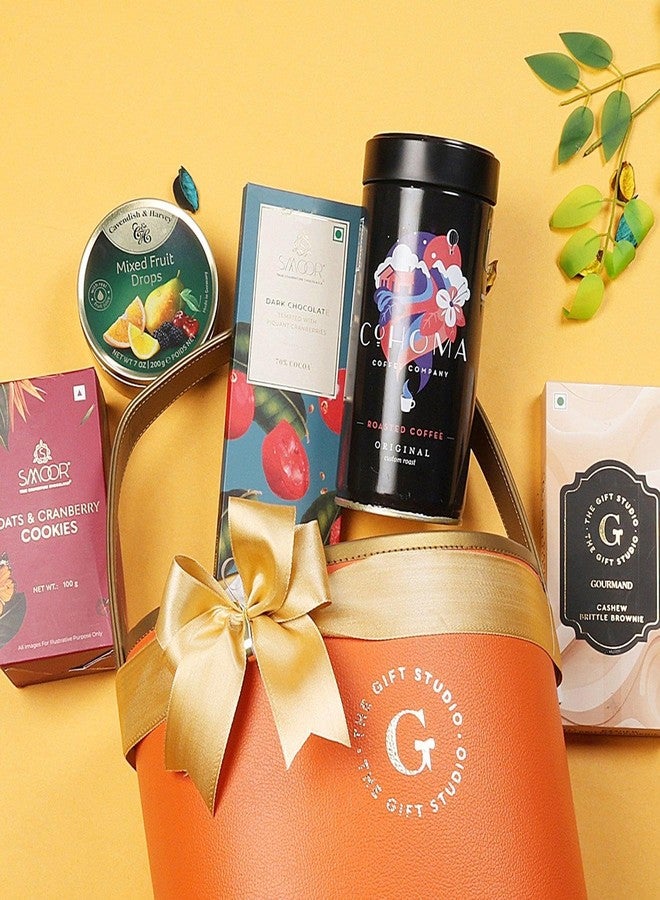 THE GIFT STUDIO.COM Deliciously Yours Basket | Gourmet Gift Hamper with Coffee, Cookies, Chocolates & More | Elegant Round Basket for Festive & Personal Gifting - Image 3