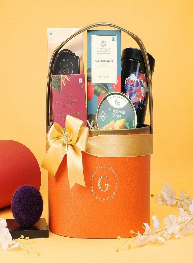 THE GIFT STUDIO.COM Deliciously Yours Basket | Gourmet Gift Hamper with Coffee, Cookies, Chocolates & More | Elegant Round Basket for Festive & Personal Gifting - Image 2